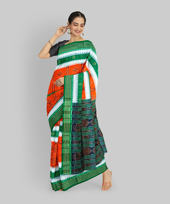 Orange Dark Green Cotton Handloom Nuapatna Saree
