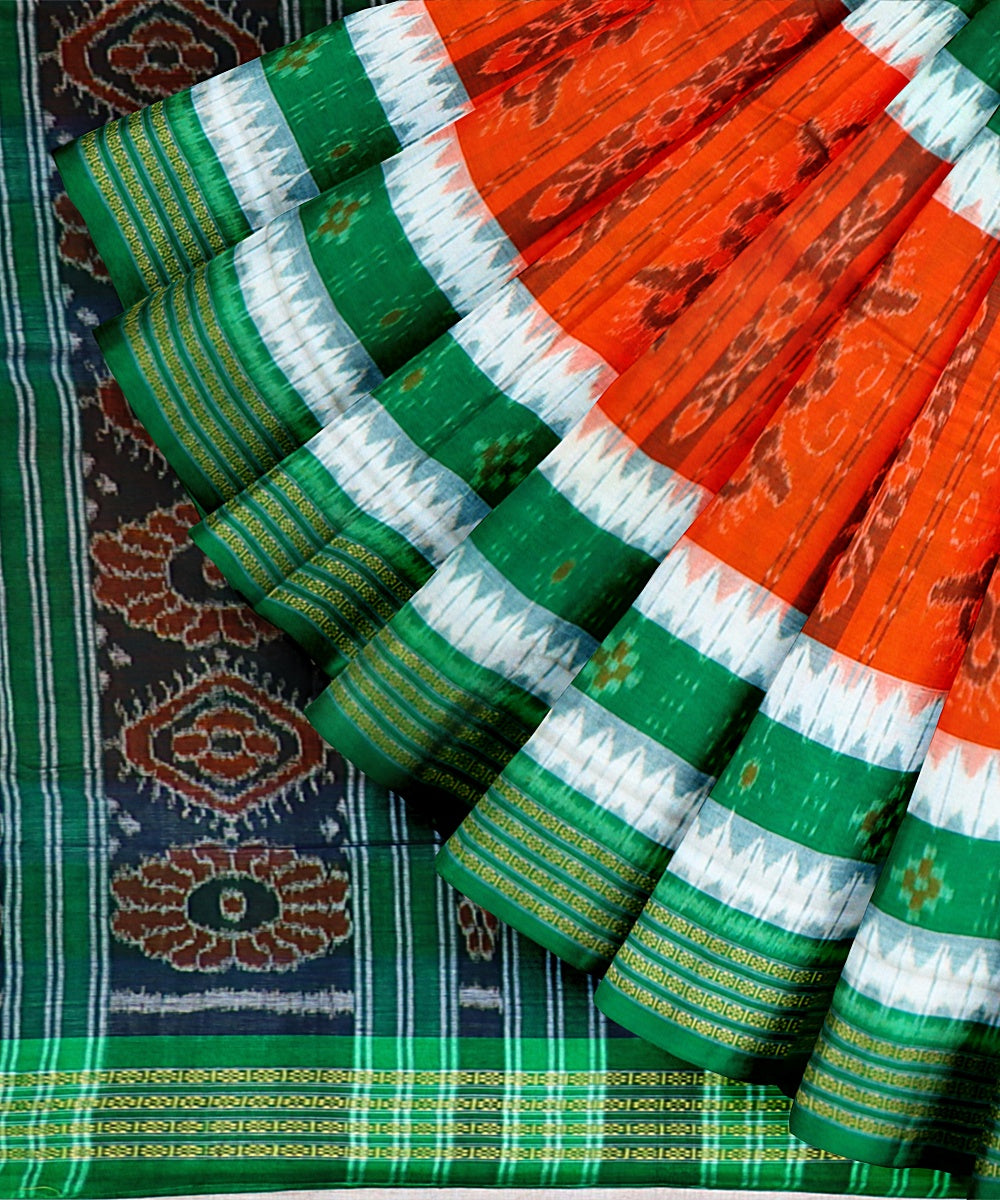 Orange Dark Green Cotton Handloom Nuapatna Saree