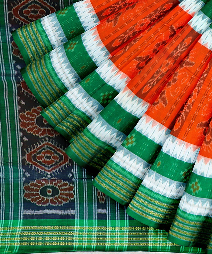 Orange Dark Green Cotton Handloom Nuapatna Saree