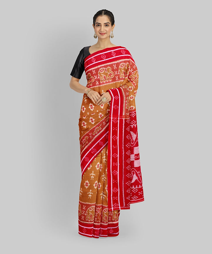 Peach Dark Red Cotton Handloom Nuapatna Saree