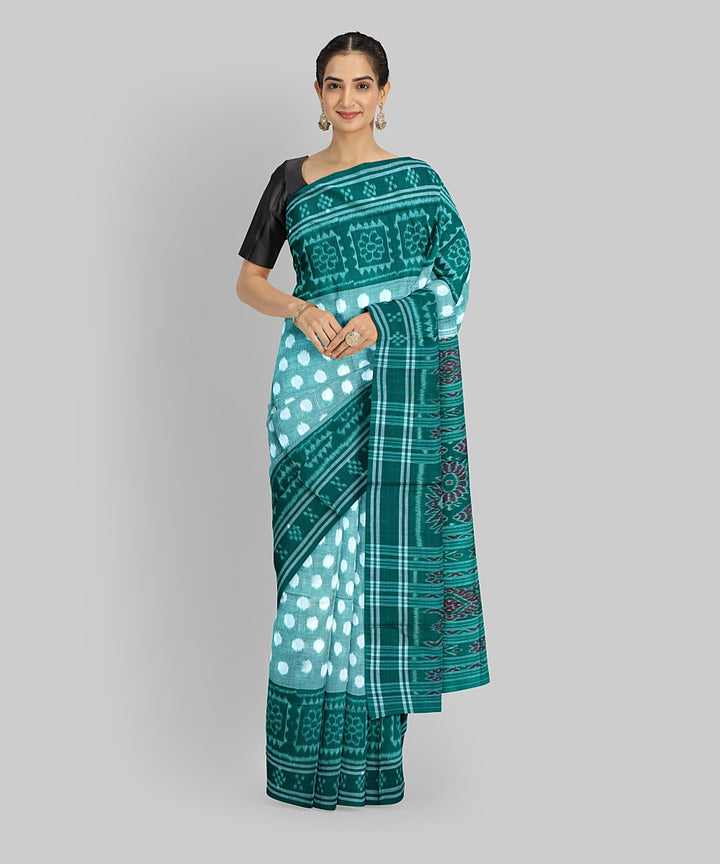 Cyan Green Dark Green Cotton Handloom Nuapatna Saree
