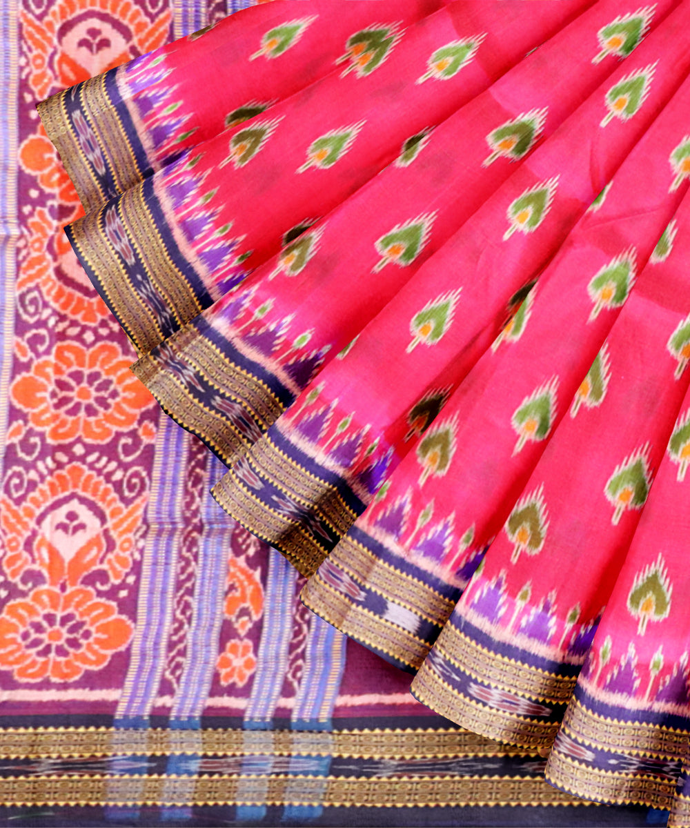 Bright pink dark blue silk handloom khandua saree