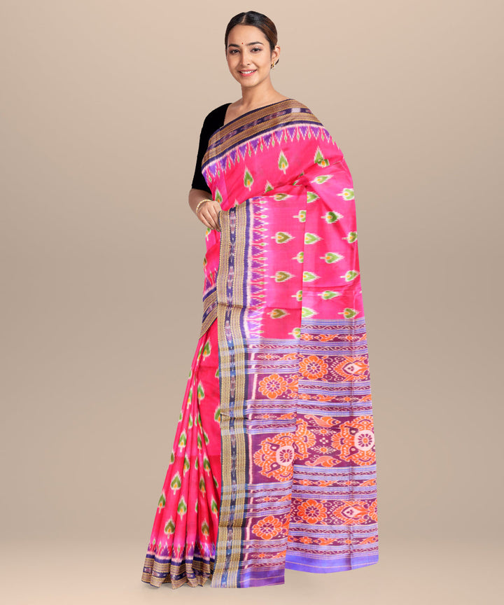 Bright pink dark blue silk handloom khandua saree