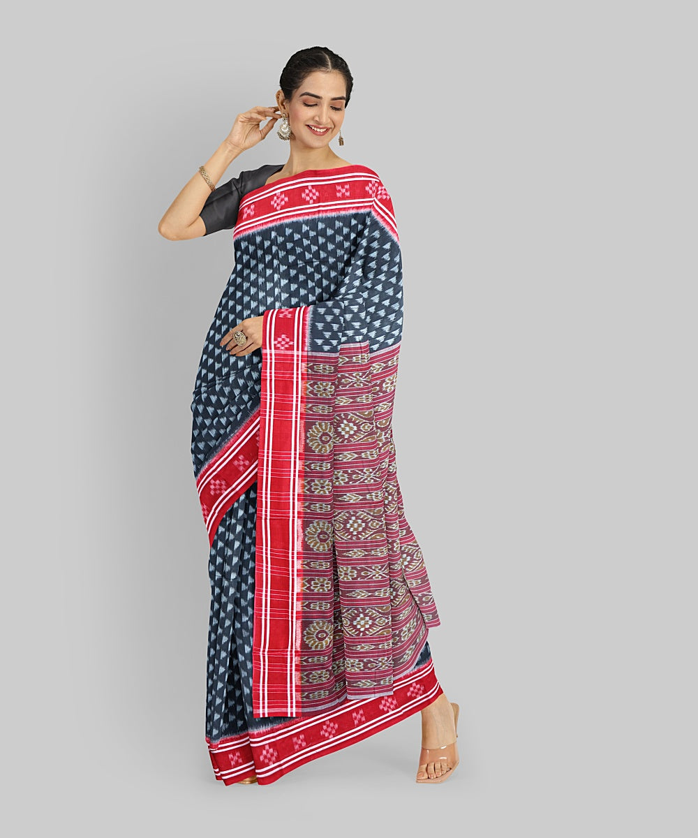 Black Dark Red Cotton Handloom Nuapatna Saree