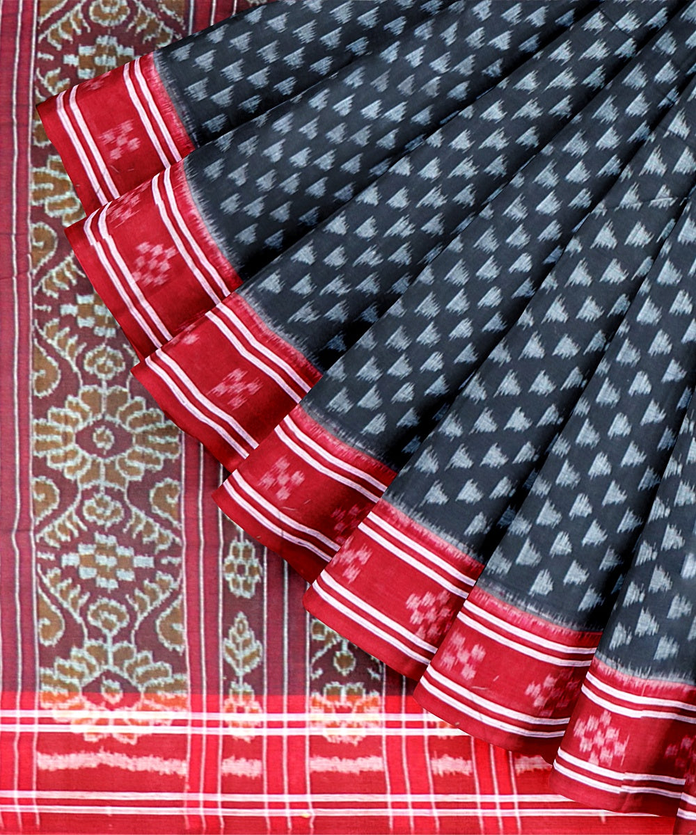 Black Dark Red Cotton Handloom Nuapatna Saree