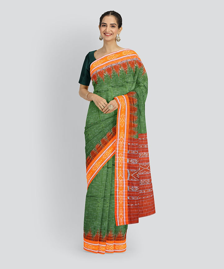 Dark Green Orange Cotton Handloom Nuapatna Saree