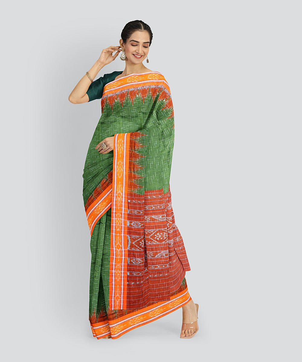 Dark Green Orange Cotton Handloom Nuapatna Saree