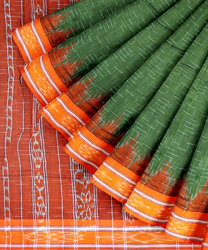 Dark Green Orange Cotton Handloom Nuapatna Saree