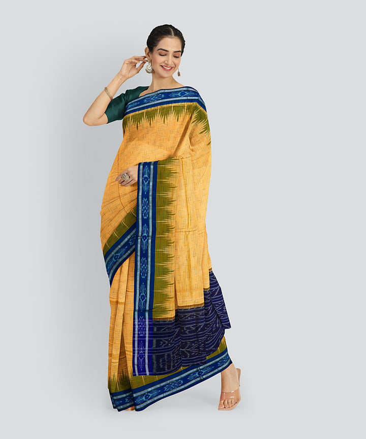 Yellow Dark Blue Cotton Handloom Nuapatna Saree