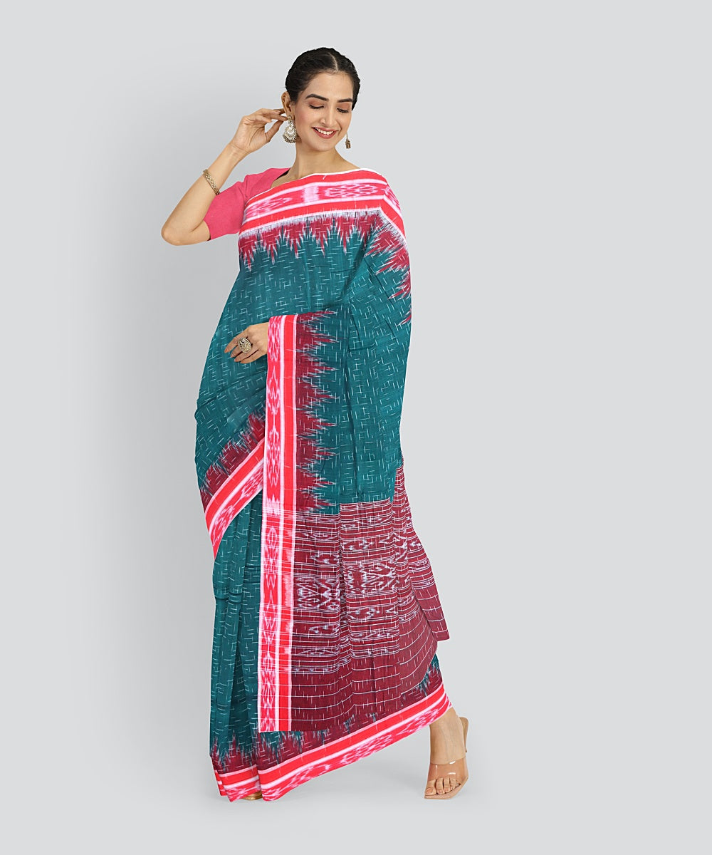 Dark Green Dark Red Cotton Handloom Nuapatna Saree