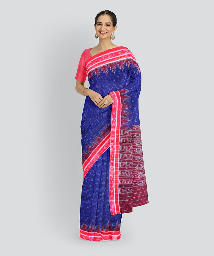 Cyan Blue Dark Red Cotton Handloom Nuapatna Saree