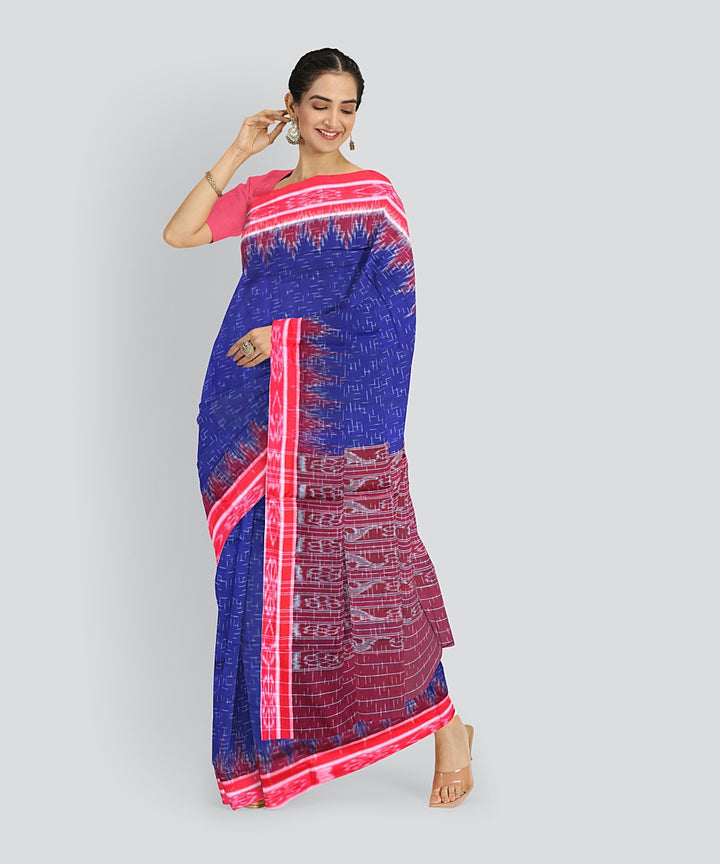Cyan Blue Dark Red Cotton Handloom Nuapatna Saree