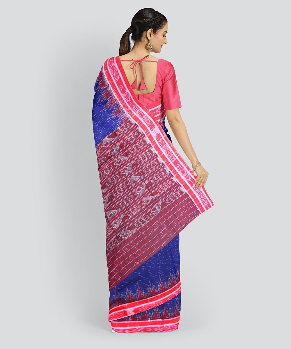 Cyan Blue Dark Red Cotton Handloom Nuapatna Saree