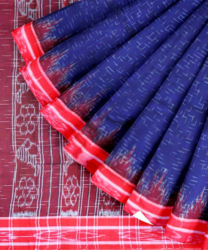 Cyan Blue Dark Red Cotton Handloom Nuapatna Saree