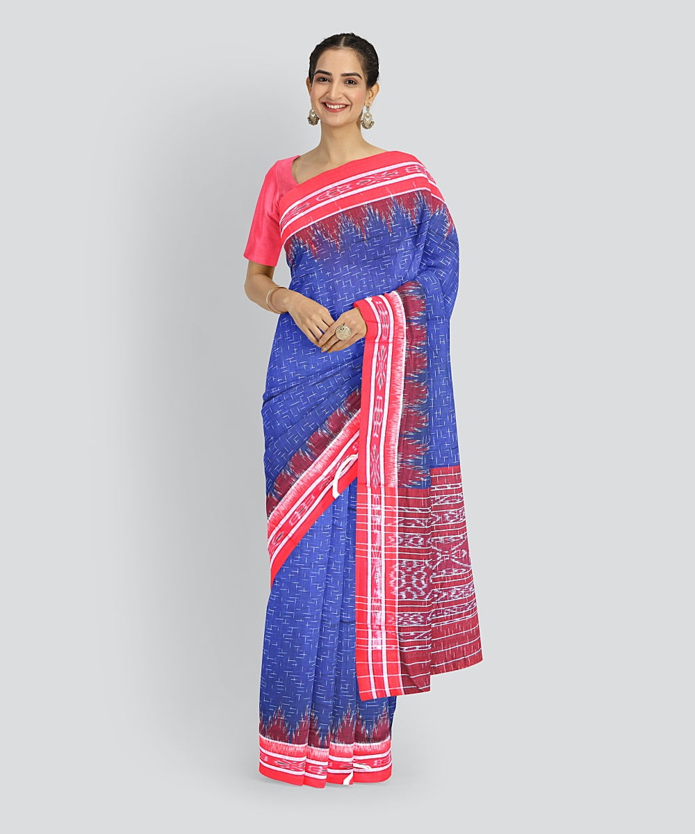 Cyan Blue Dark Red Cotton Handloom Nuapatna Saree