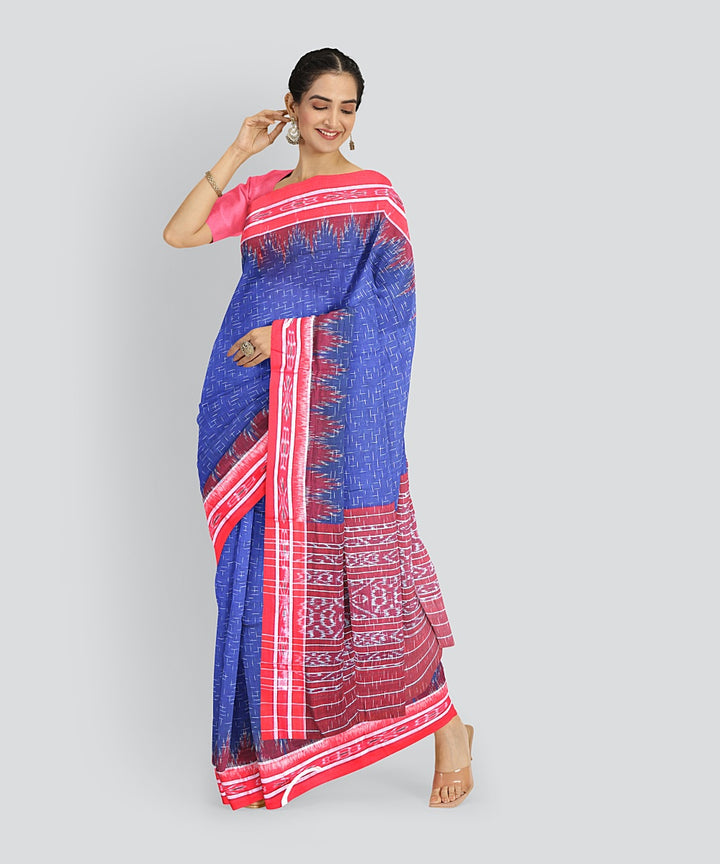 Cyan Blue Dark Red Cotton Handloom Nuapatna Saree