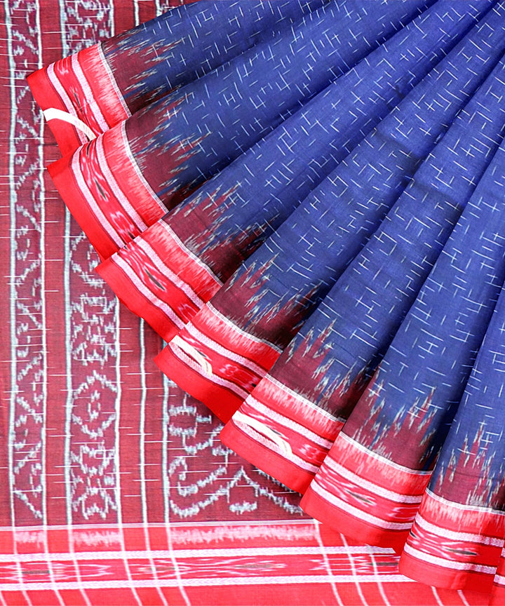Cyan Blue Dark Red Cotton Handloom Nuapatna Saree