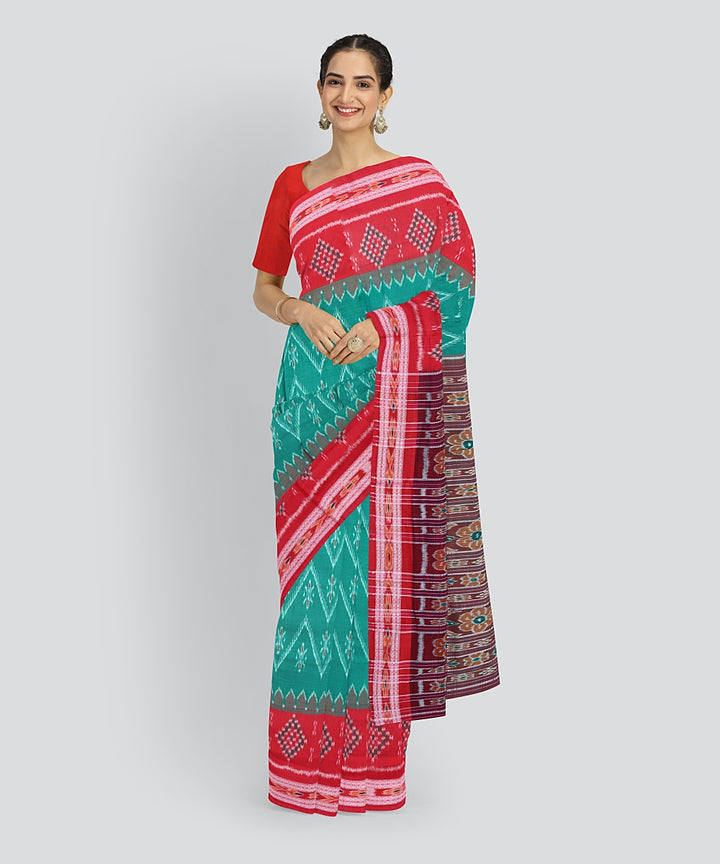 Dark Green Dark Red Cotton Handloom Nuapatna Saree