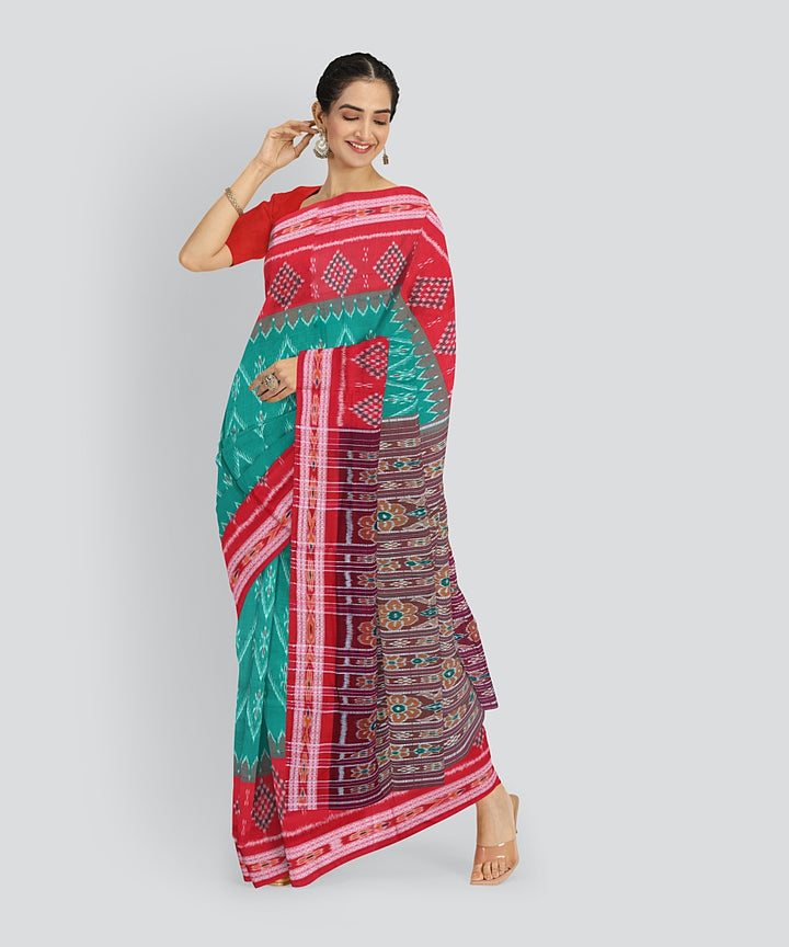 Dark Green Dark Red Cotton Handloom Nuapatna Saree