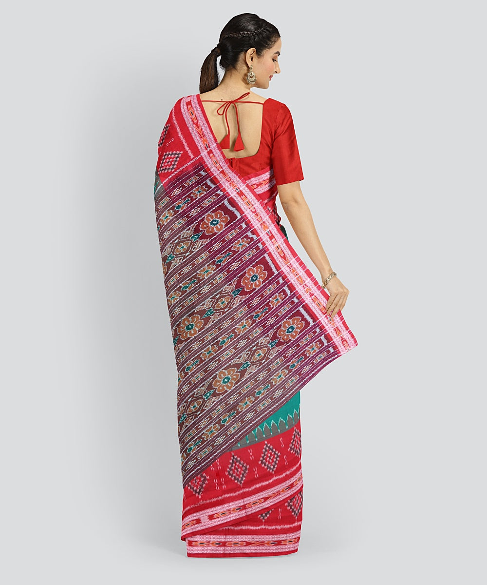 Dark Green Dark Red Cotton Handloom Nuapatna Saree