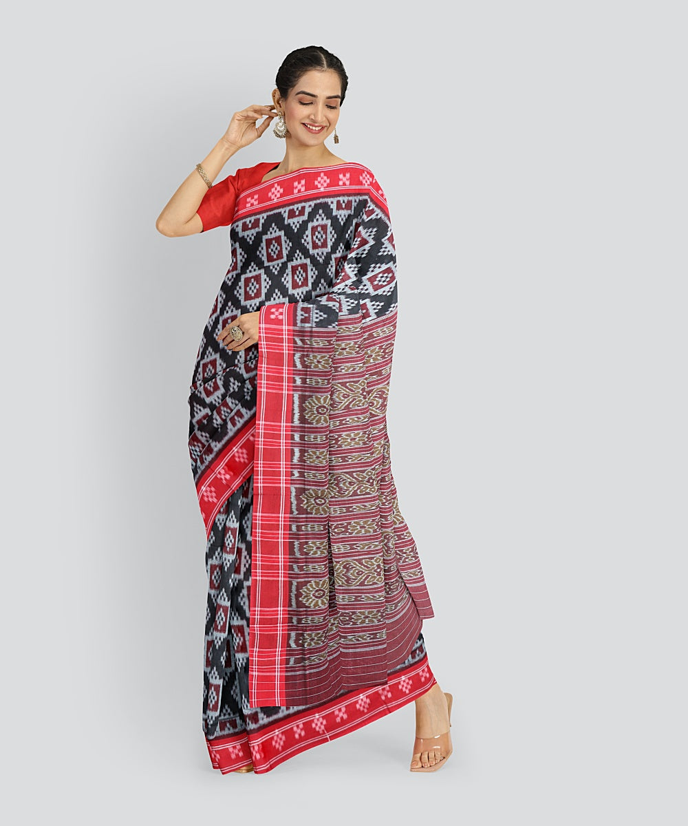 Black Dark Red Cotton Handloom Nuapatna Saree