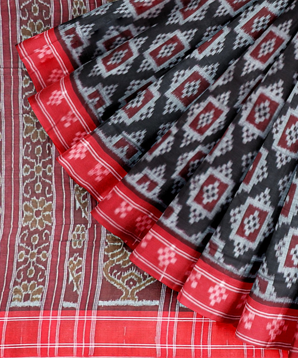 Black Dark Red Cotton Handloom Nuapatna Saree