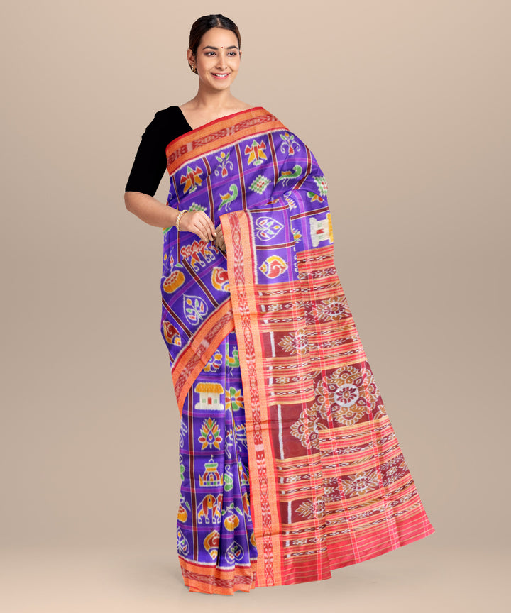 Blue magenta violet bright maroon silk handloom khandua saree