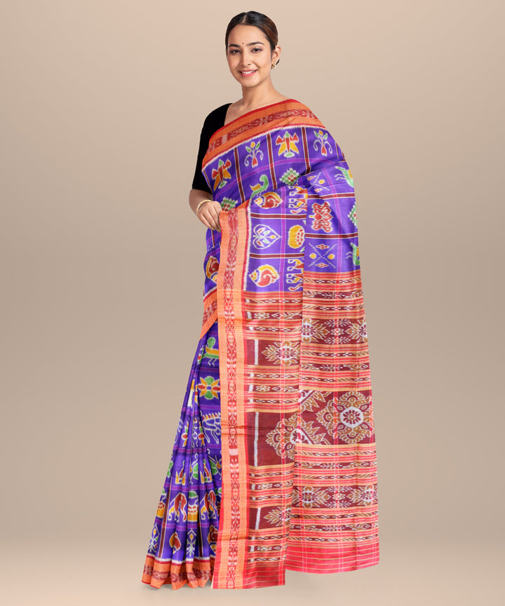 Blue magenta violet bright maroon silk handloom khandua saree