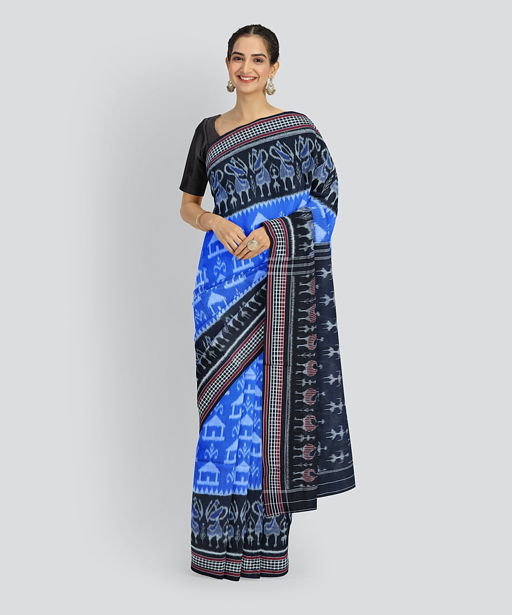 Cyan Blue Black Cotton Handloom Nuapatna Saree