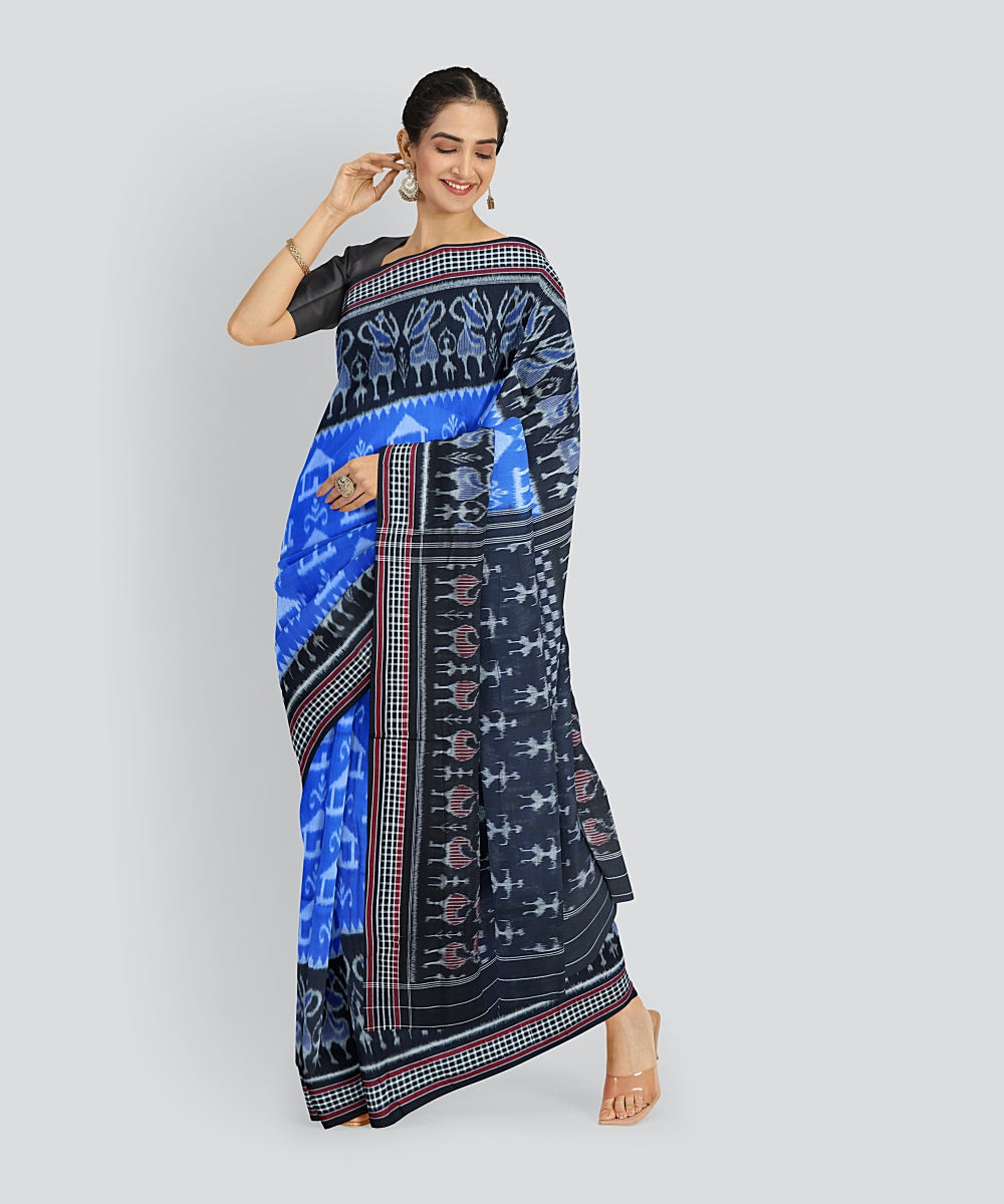 Cyan Blue Black Cotton Handloom Nuapatna Saree