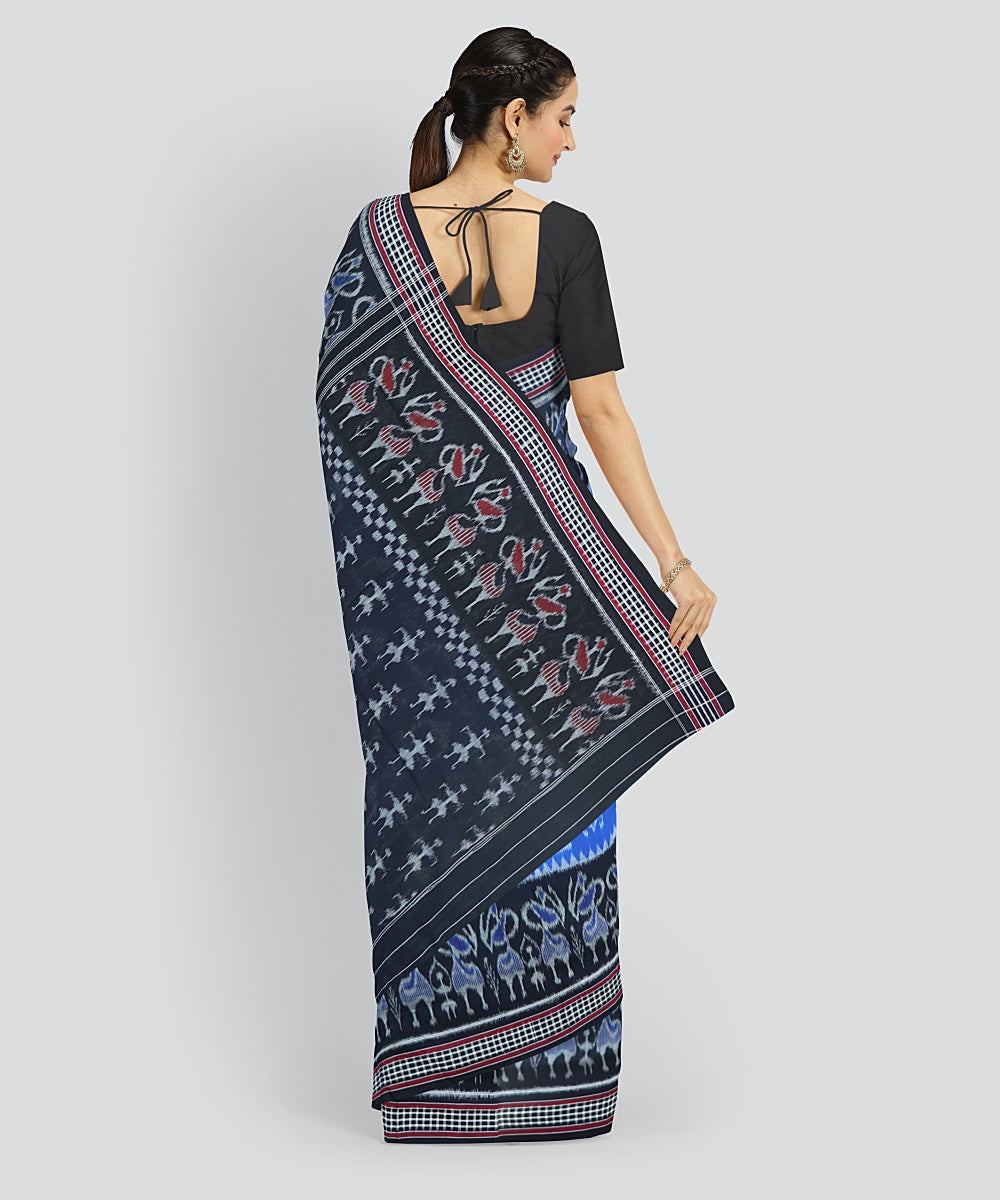 Cyan Blue Black Cotton Handloom Nuapatna Saree