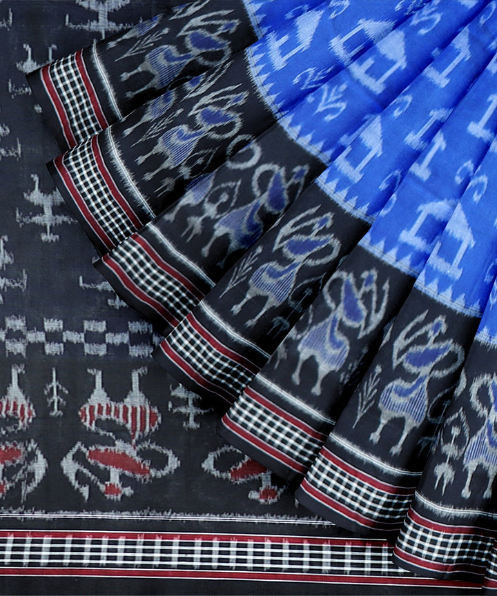 Cyan Blue Black Cotton Handloom Nuapatna Saree