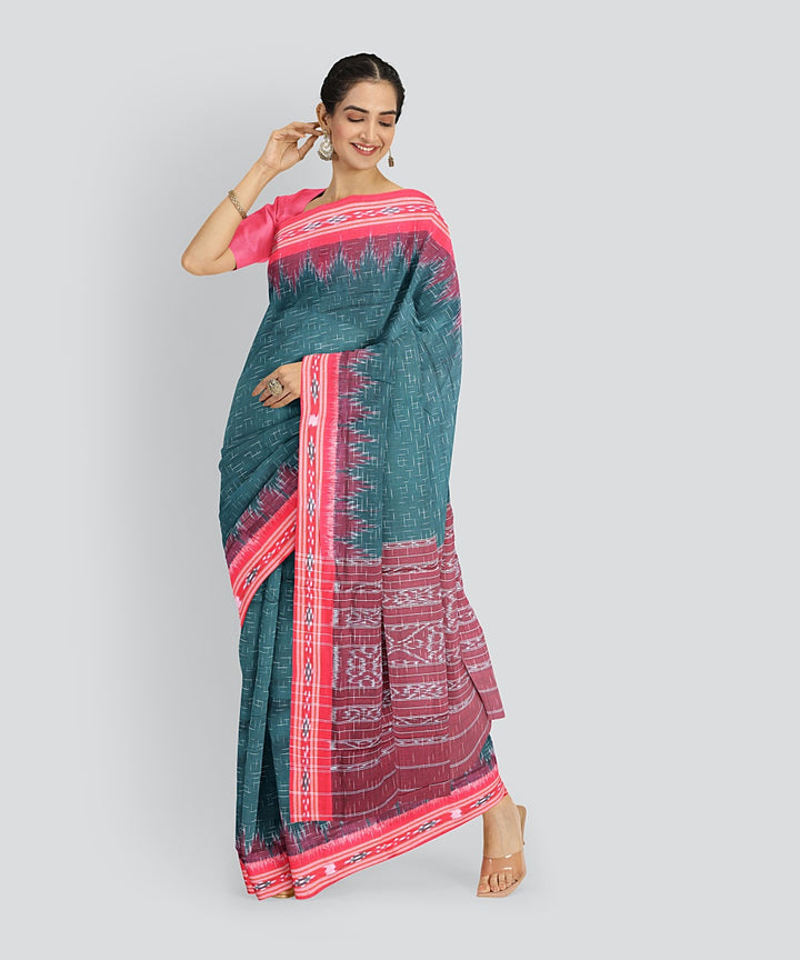 Dark Green Dark Red Cotton Handloom Nuapatna Saree
