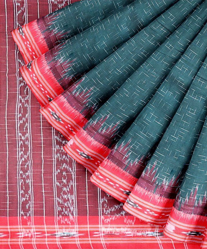 Dark Green Dark Red Cotton Handloom Nuapatna Saree