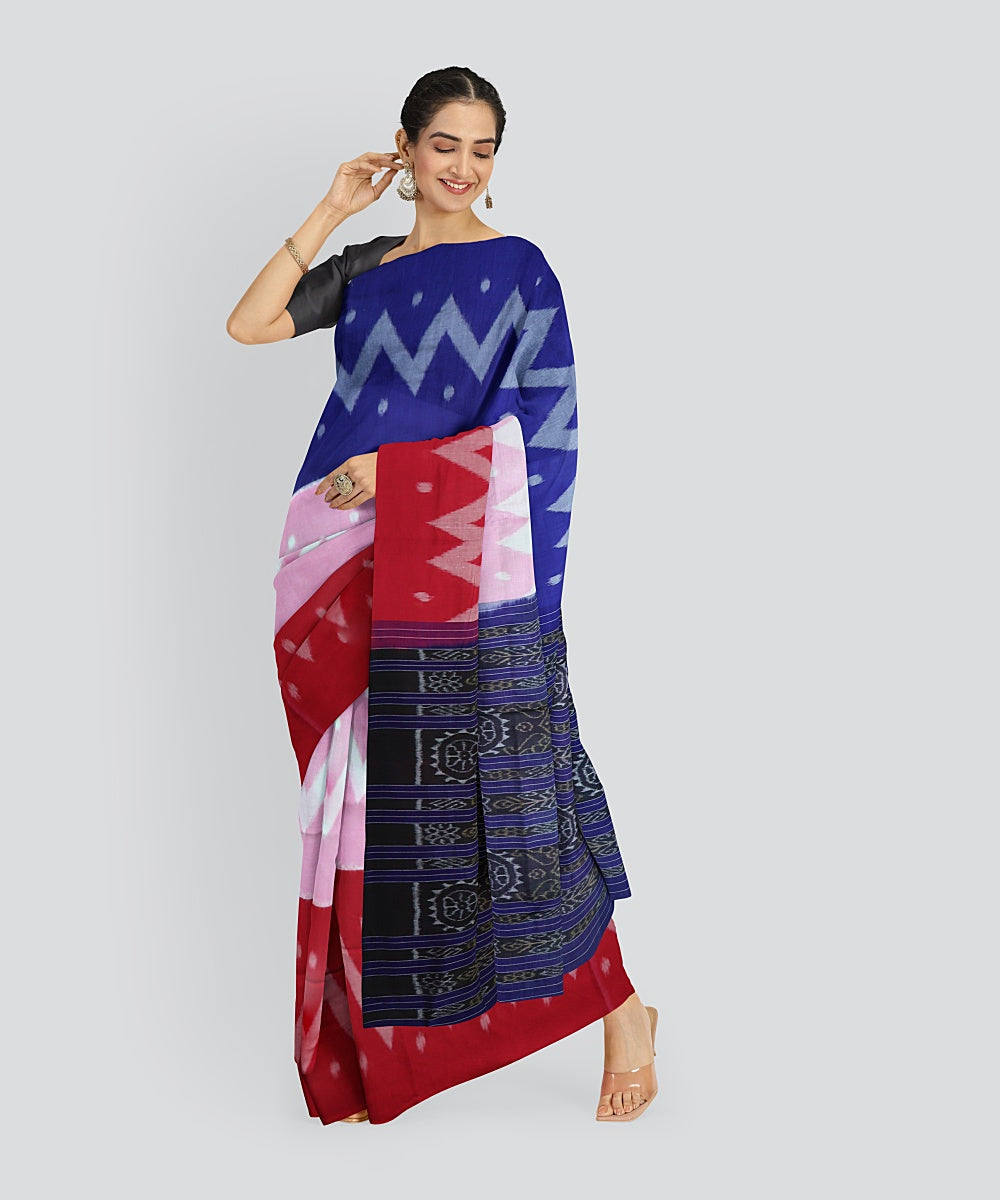 Pink Blue & Red Cotton Handloom Nuapatna Saree