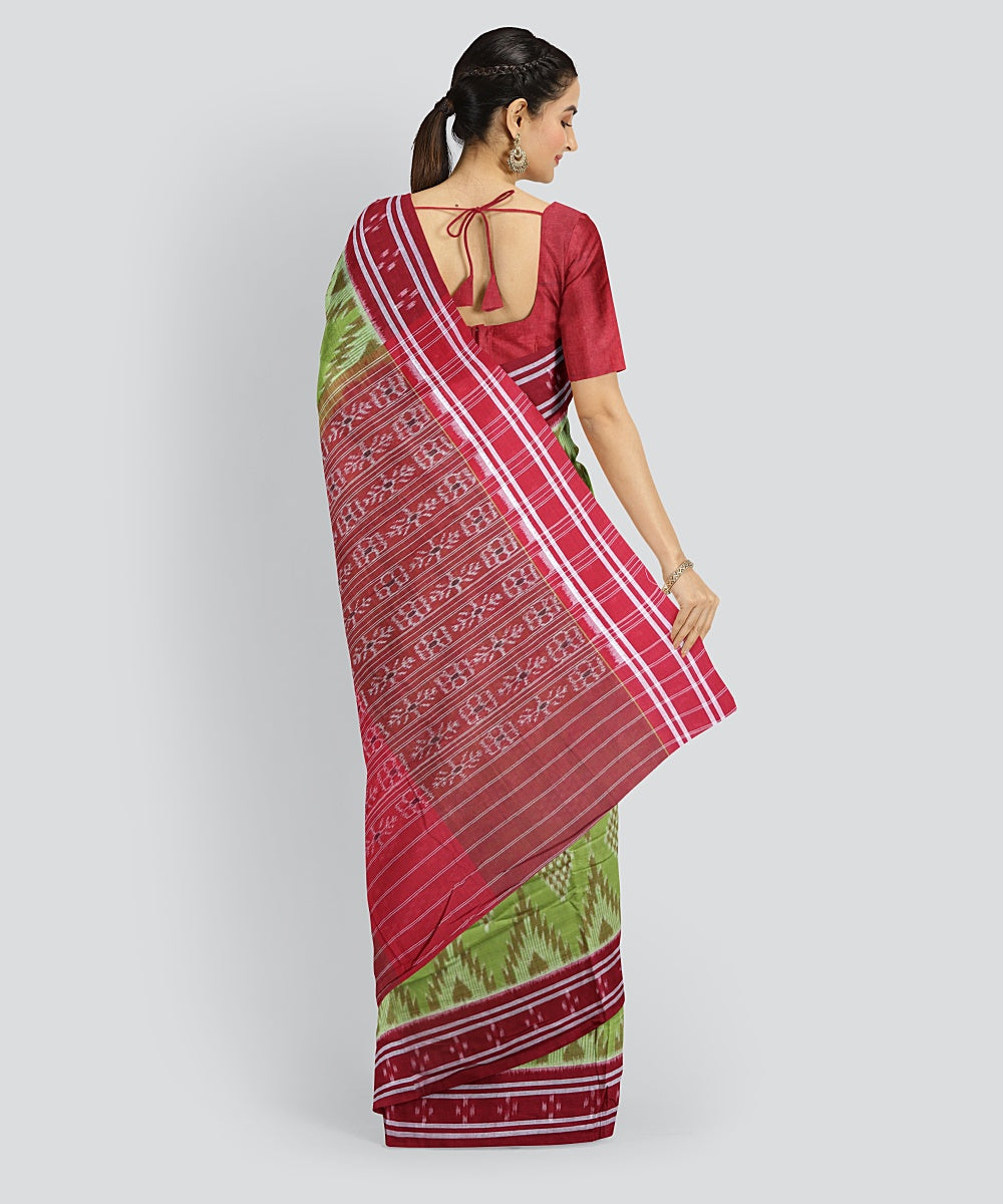 Lime Green Dark Red Cotton Handloom Nuapatna Saree