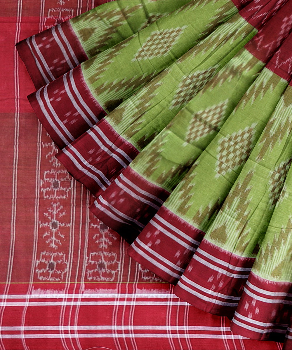 Lime Green Dark Red Cotton Handloom Nuapatna Saree