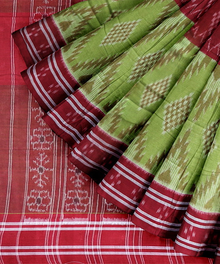 Lime Green Dark Red Cotton Handloom Nuapatna Saree