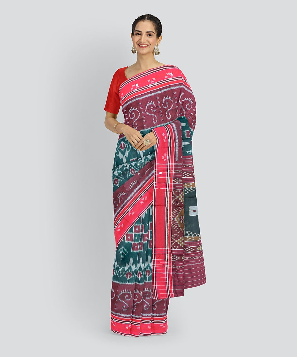 Dark Green Dark Red Cotton Handloom Nuapatna Saree