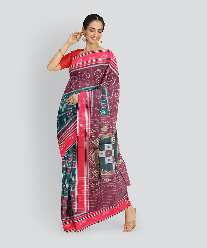 Dark Green Dark Red Cotton Handloom Nuapatna Saree
