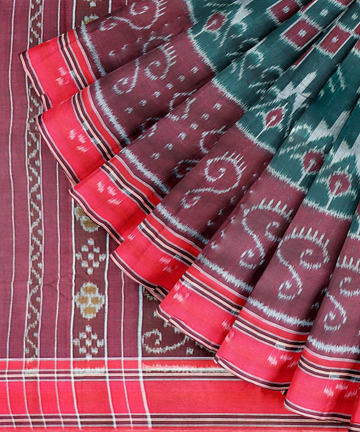 Dark Green Dark Red Cotton Handloom Nuapatna Saree