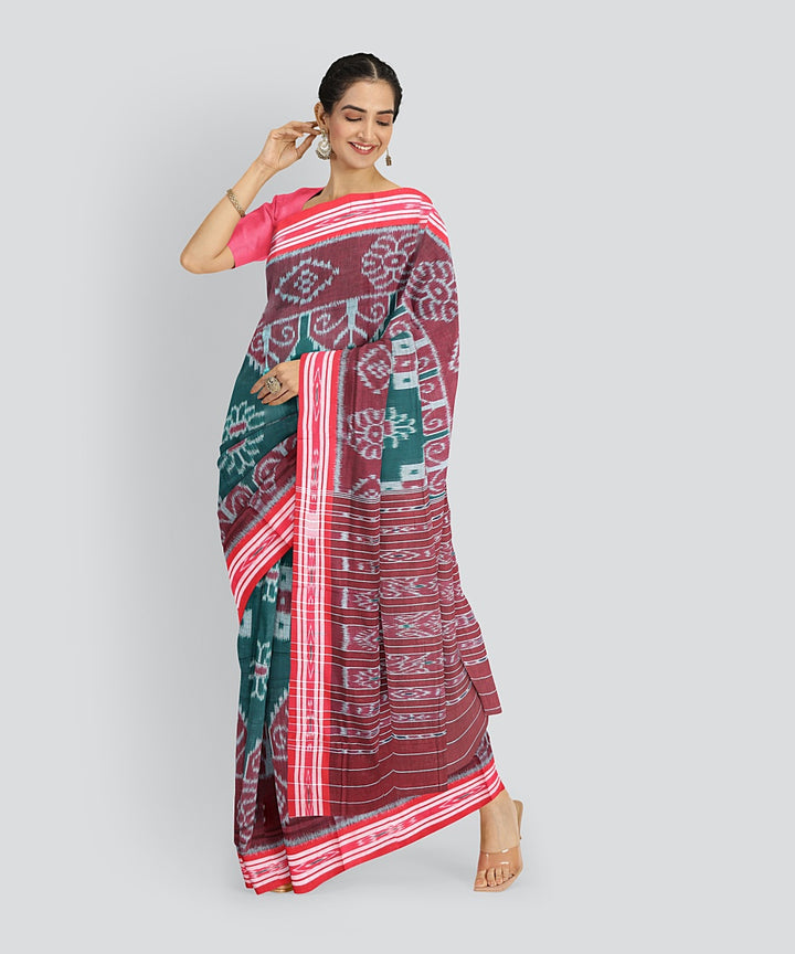 Dark Green Dark Red Cotton Handloom Nuapatna Saree
