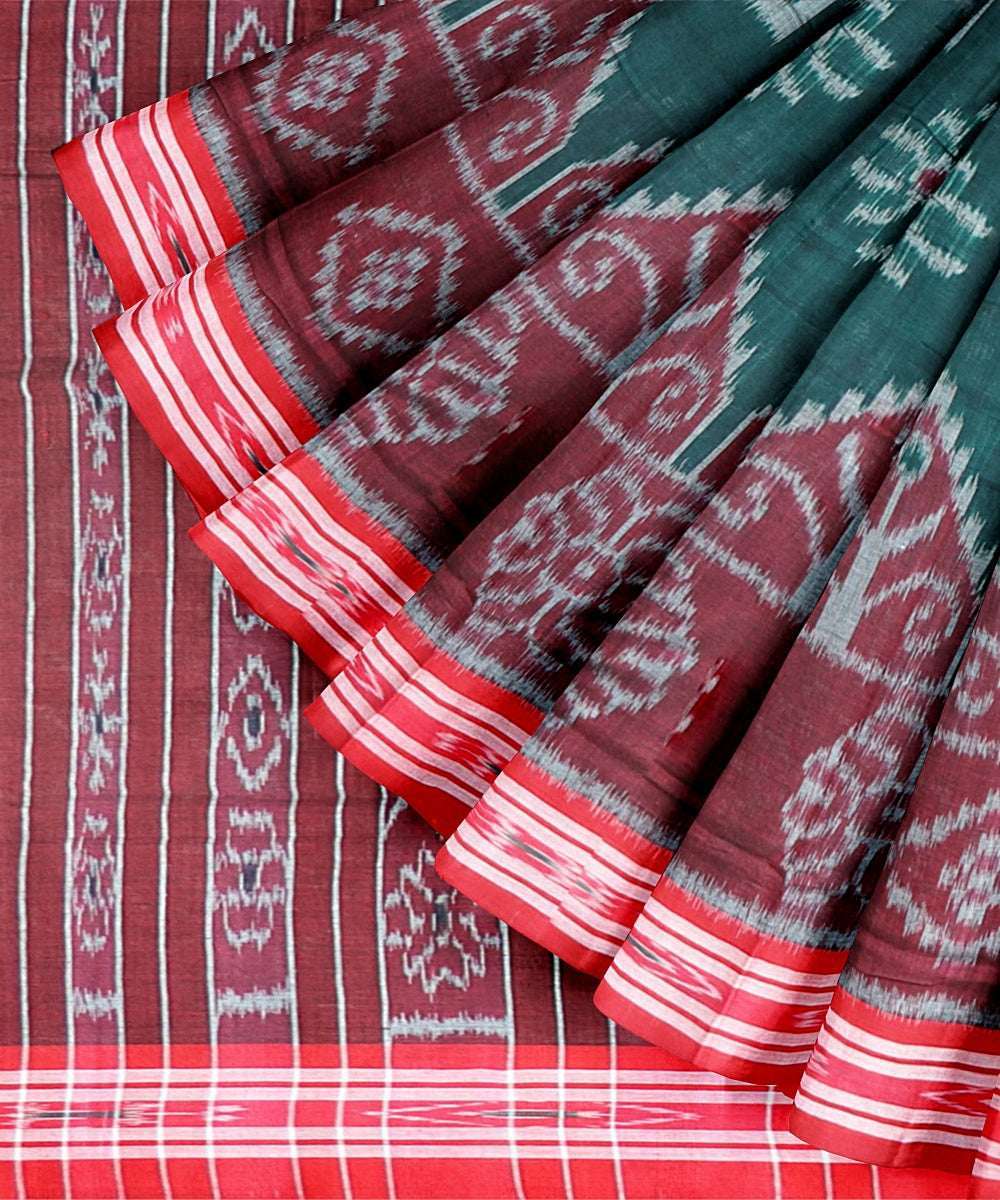Dark Green Dark Red Cotton Handloom Nuapatna Saree