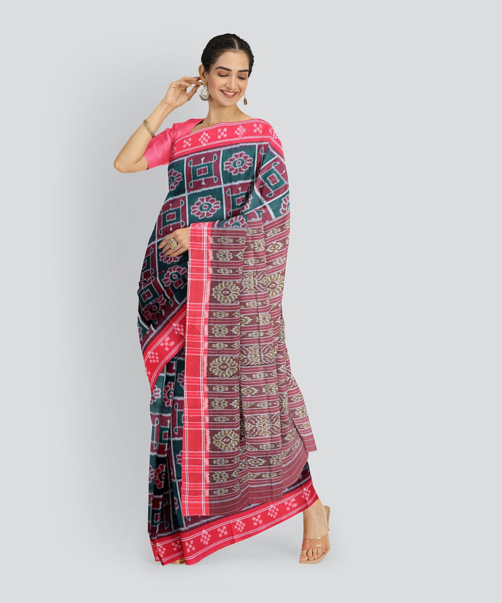 Dark Green Dark Red Cotton Handloom Nuapatna Saree