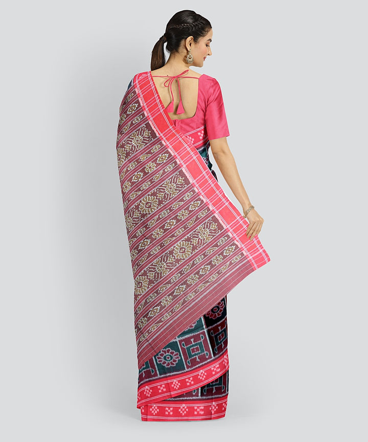 Dark Green Dark Red Cotton Handloom Nuapatna Saree
