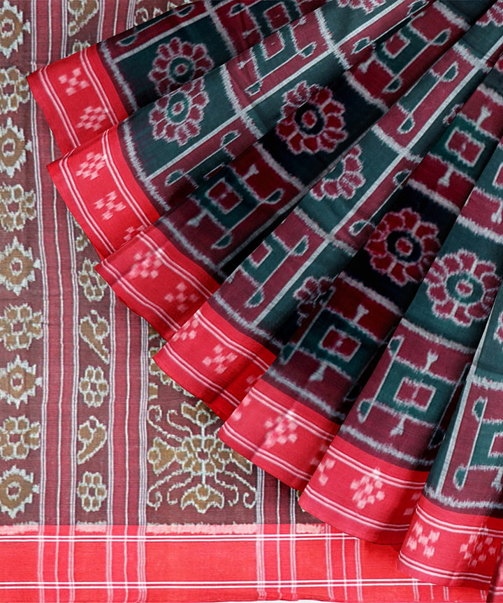 Dark Green Dark Red Cotton Handloom Nuapatna Saree