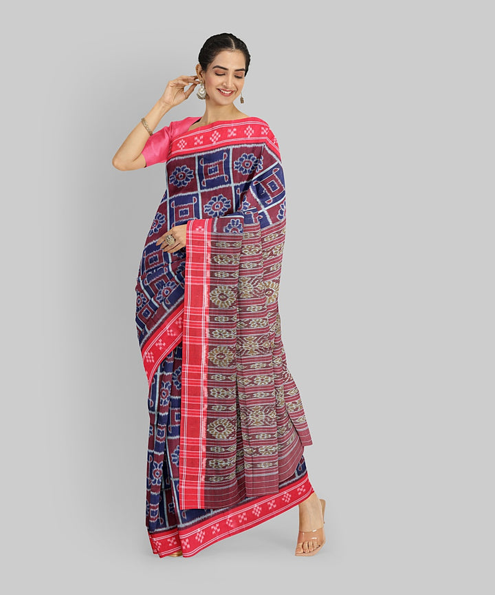 Navy Blue Dark Red Cotton Handloom Nuapatna Saree