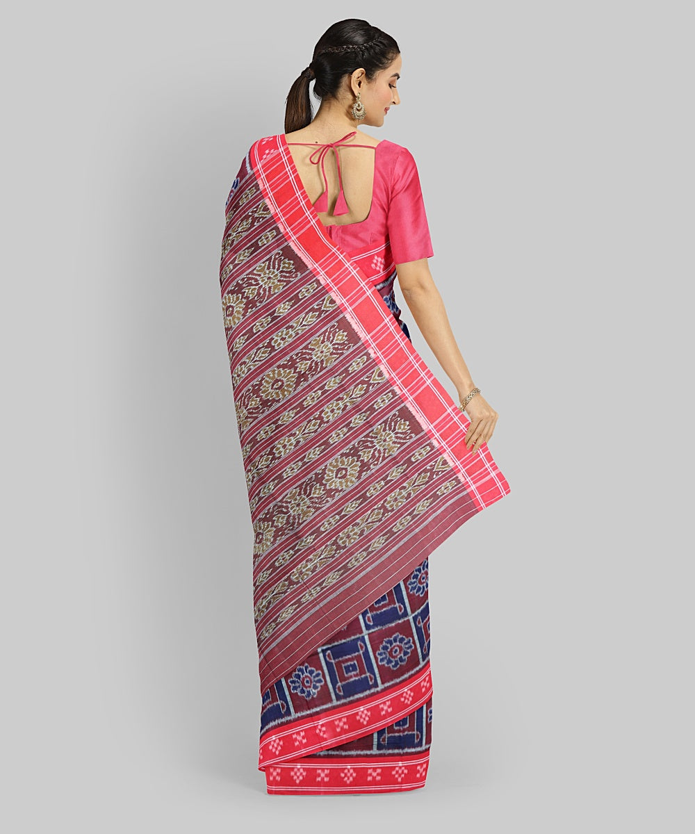 Navy Blue Dark Red Cotton Handloom Nuapatna Saree