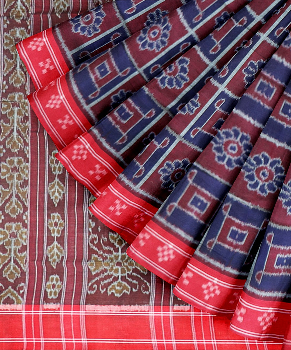 Navy Blue Dark Red Cotton Handloom Nuapatna Saree