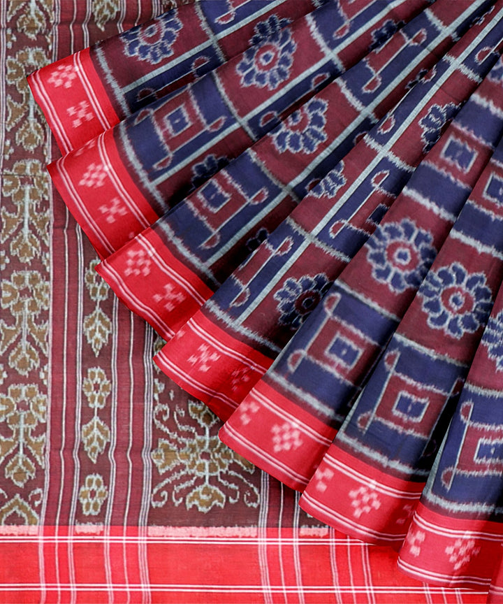 Navy Blue Dark Red Cotton Handloom Nuapatna Saree